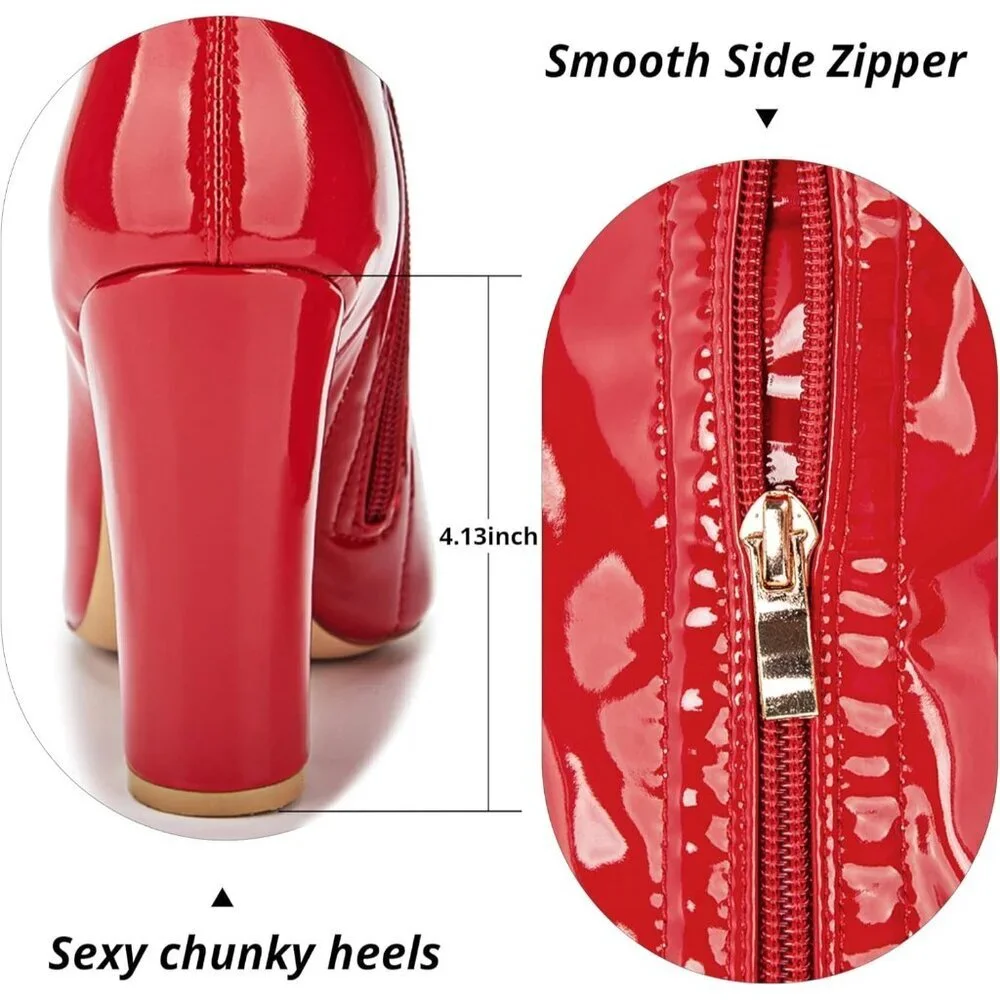 Women Red Chunky Heel Over The Knee Boots Patent Leather PU Stretchy Tall Boot